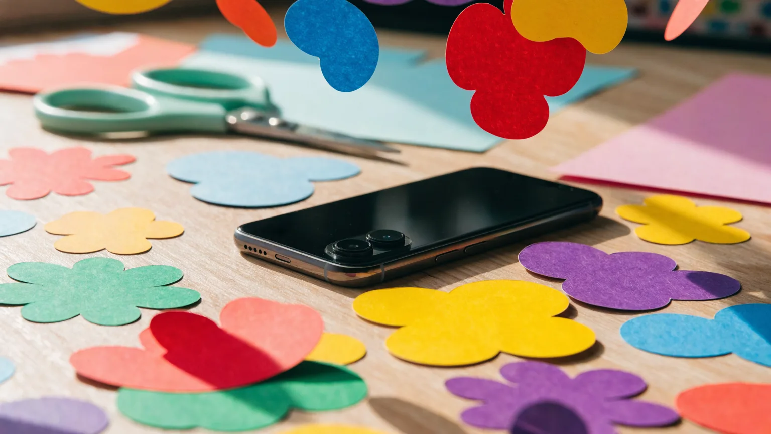 Celular sobre a mesa cercado de figurinhas coloridas recortadas, representando a criação de stickers no WhatsApp