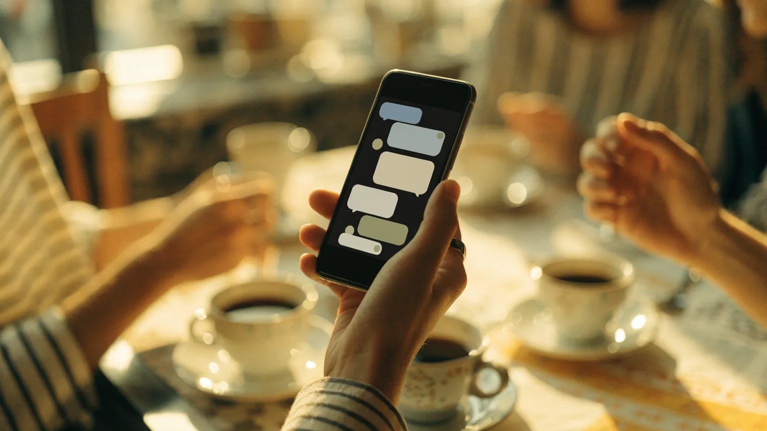 Celular com uma conversa de grupo do WhatsApp ativa sobre a mesa de um café, representando o aviso para todos os participantes