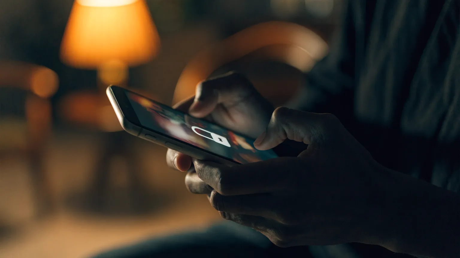 Mãos segurando um celular com um cadeado aberto na tela, representando uma conta do WhatsApp invadida