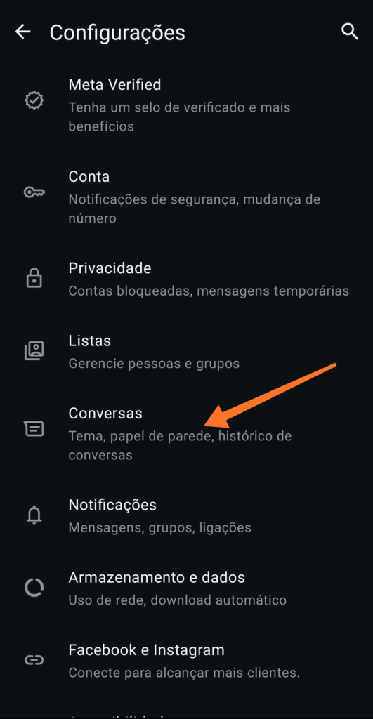 Tela de Configurações do WhatsApp Business no Android com opções Conta, Privacidade, Listas, Conversas e Notificações