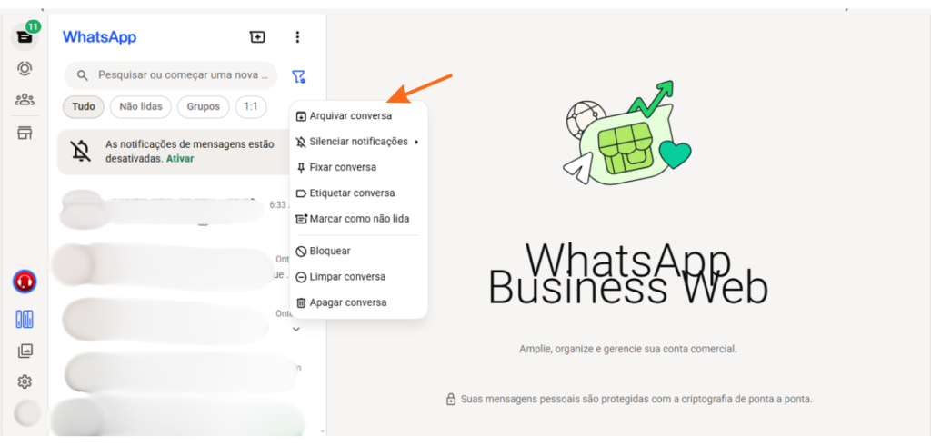 Menu de opções do WhatsApp Business Web exibindo as opções Arquivar conversa, Silenciar notificações, Fixar conversa e Apagar conversa