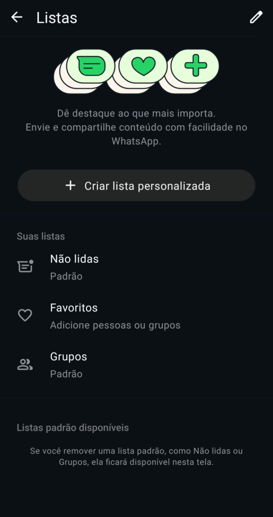 Tela de Listas do WhatsApp Business no Android com opções Não lidas, Favoritos e Grupos, e botão para criar lista personalizada