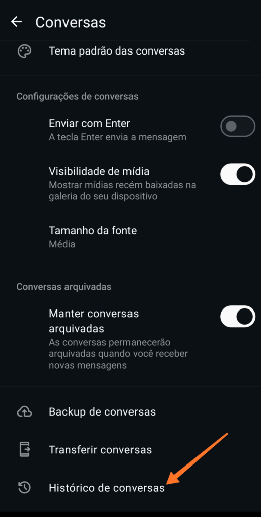 Tela de configurações de Conversas do WhatsApp no Android com opções de tema, visibilidade de mídia, tamanho da fonte e backup