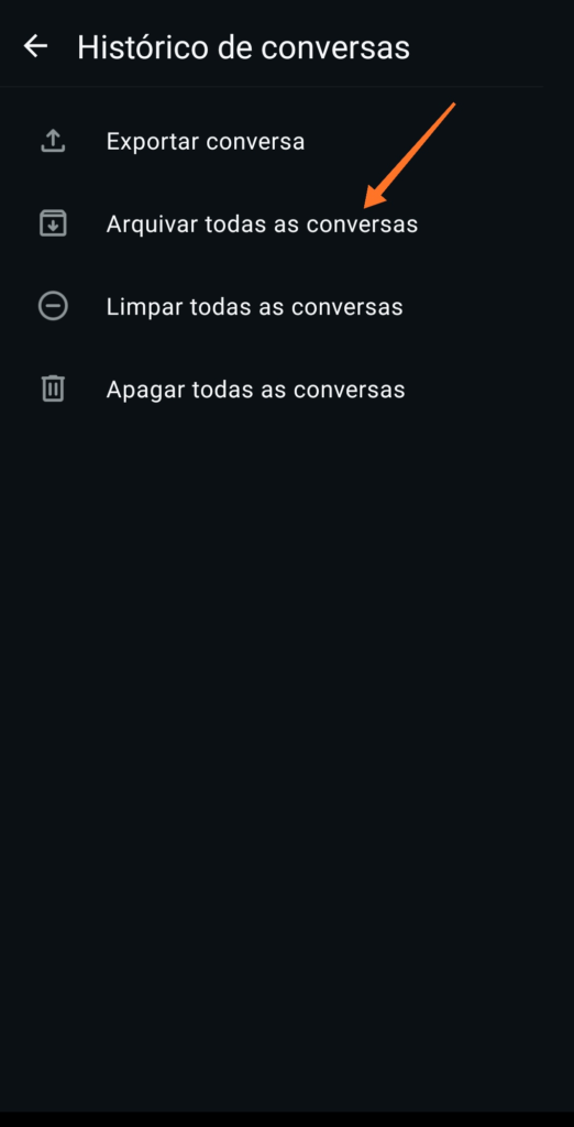 Tela de Histórico de conversas do WhatsApp no Android com a opção Arquivar todas as conversas em destaque