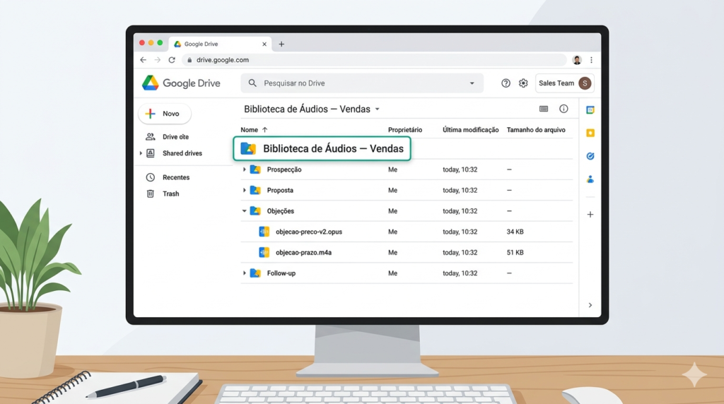 Pasta do Google Drive chamada 'Biblioteca de Áudios — Vendas' com subpastas organizadas por etapa do funil: Prospecção, Proposta, Objeções e Follow-up, para equipes de vendas pelo WhatsApp