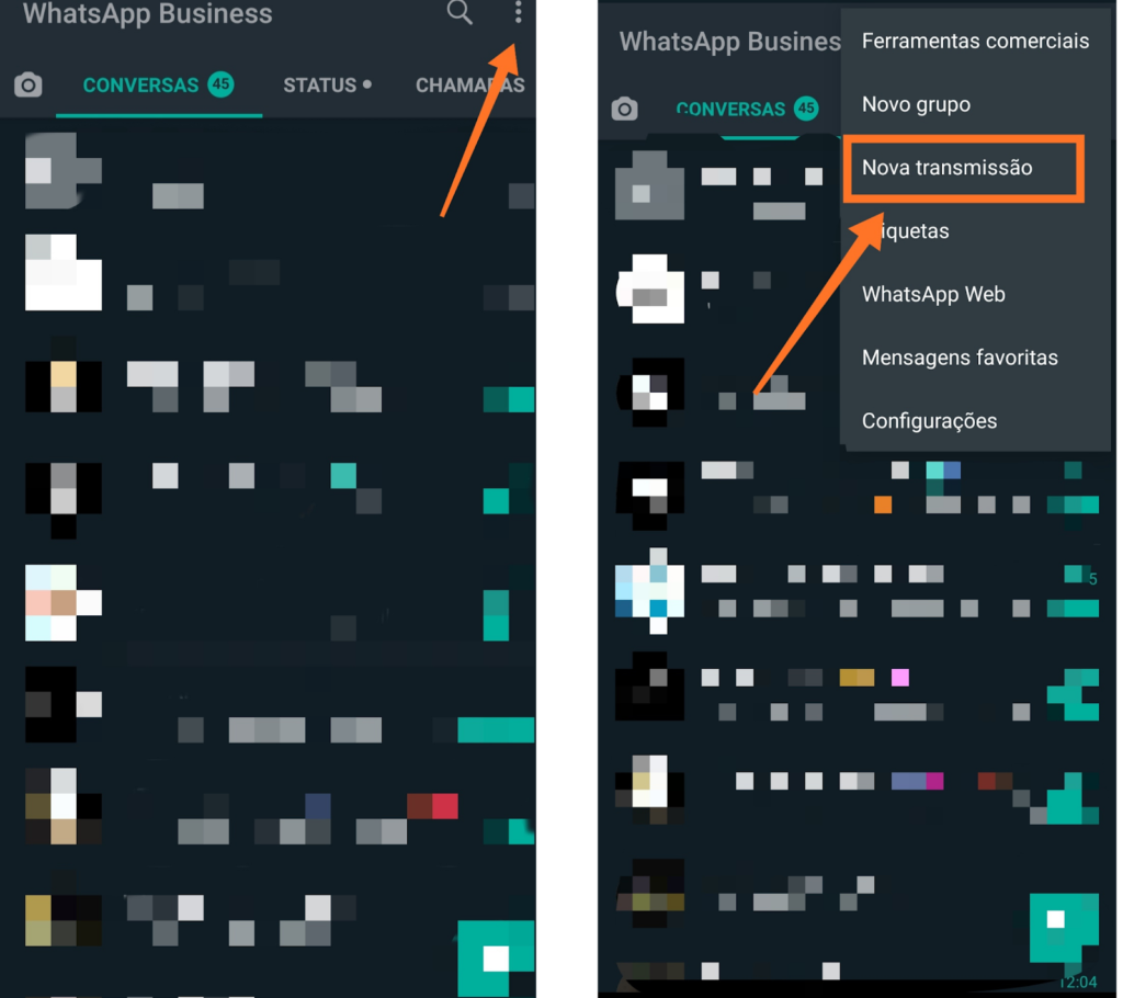 Menu de mais opções do WhatsApp Business aberto, com "Nova transmissão" em destaque entre "Novo grupo" e "Etiquetas"