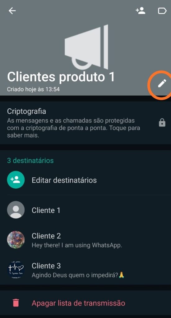 Tela da lista de transmissão recém-criada, com o ícone de lápis em destaque para editar o nome