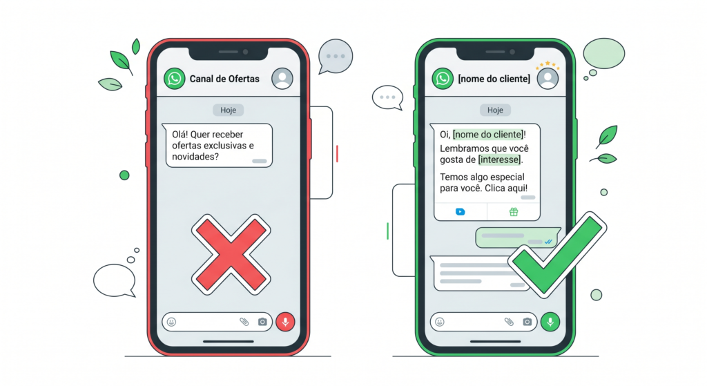 Comparação entre mensagem de boas-vindas genérica que afasta clientes e mensagem personalizada que gera resposta no WhatsApp.