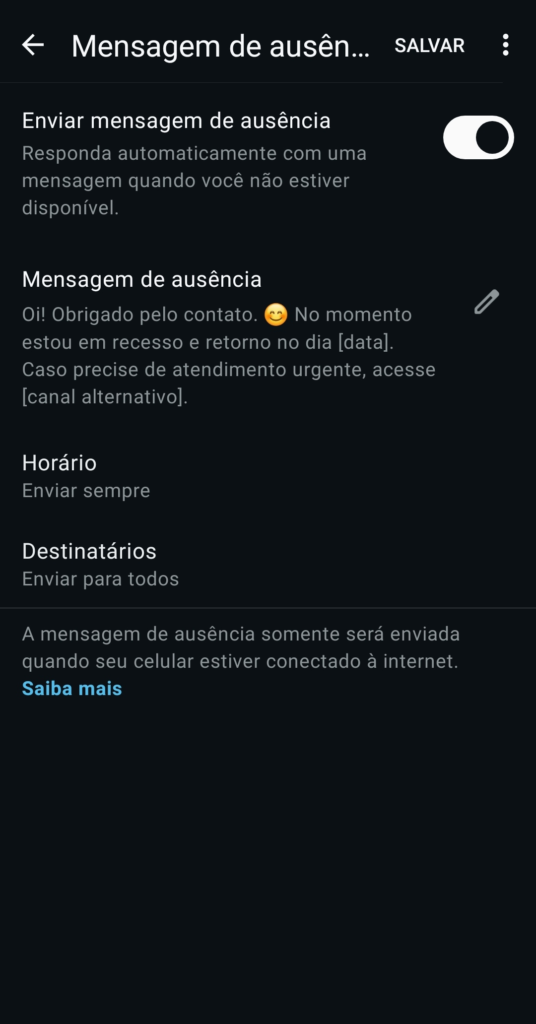 Configuração de mensagem de ausência ativada no WhatsApp Business
com opção de horário programado selecionada