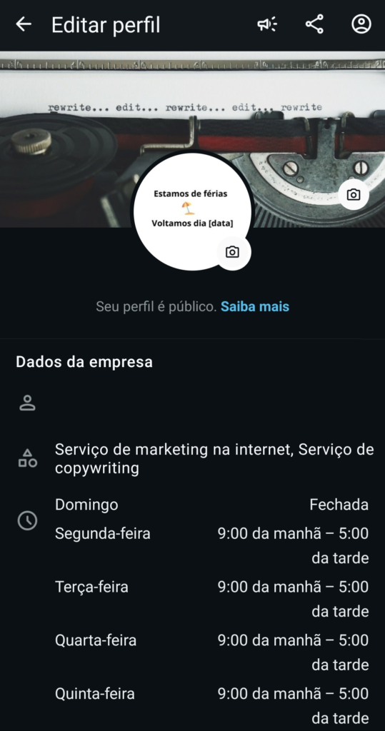 Tela de status do perfil do WhatsApp com aviso de férias publicado