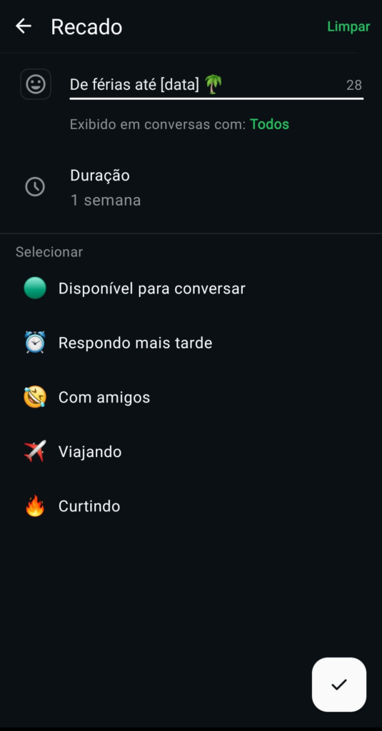 Tela de recado no WhatsApp Business
com mensagem de férias