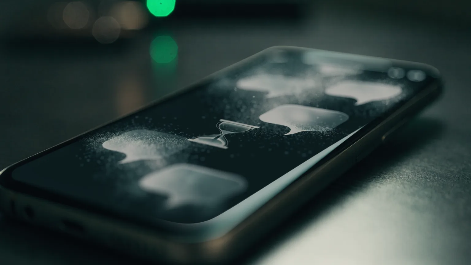 Celular exibindo mensagens do WhatsApp se dissolvendo com um símbolo de ampulheta, representando mensagens temporárias