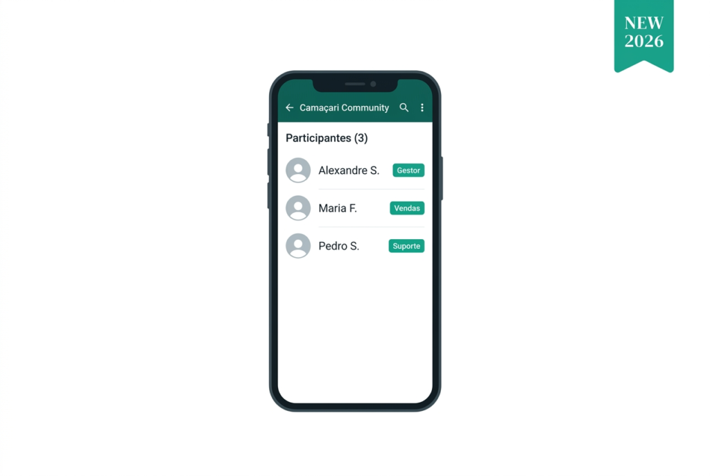 Tela do WhatsApp mostrando etiquetas de membros do grupo com funções: Gestor, Vendas e Suporte — recurso lançado em janeiro de 2026.