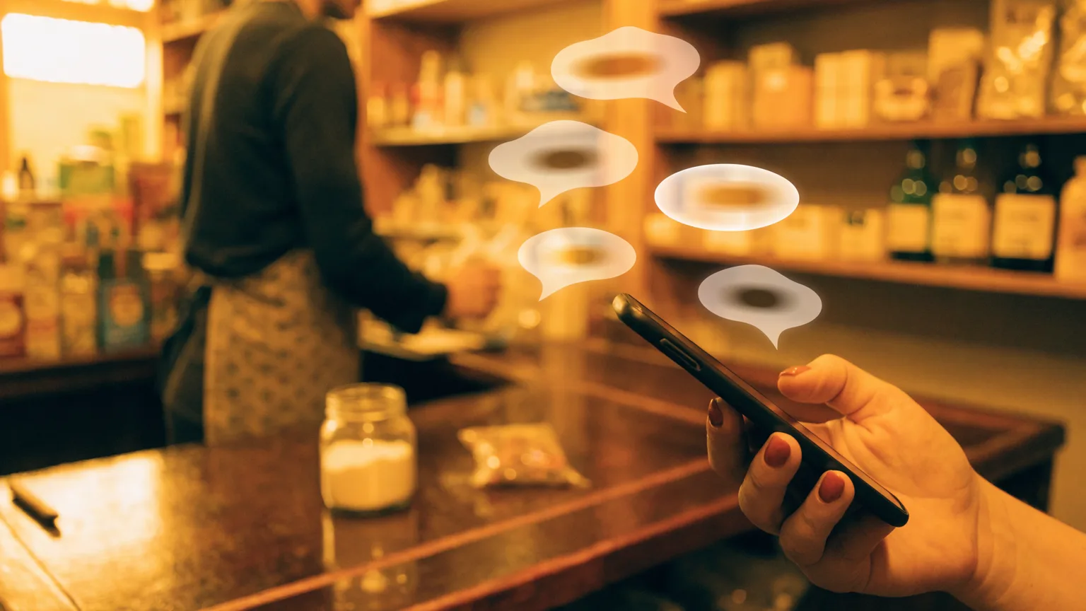 Celular no balcão de uma loja com respostas rápidas do WhatsApp Business sendo enviadas em sequência