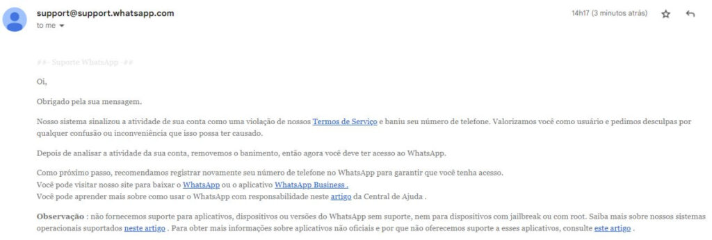 Exemplo de resposta do suporte do WhatsApp liberando um número banido