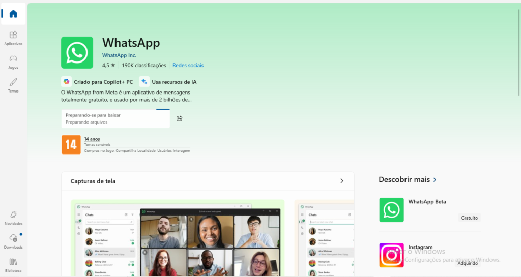 WhatsApp na Microsoft Store: resultado de busca mostrando o app oficial com desenvolvedor WhatsApp Inc. e botão Instal