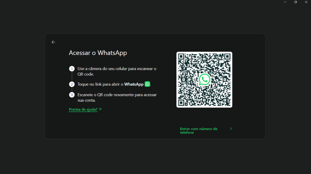Tela de conexão do WhatsApp Desktop no Windows com QR Code e opção de entrar com número de telefone