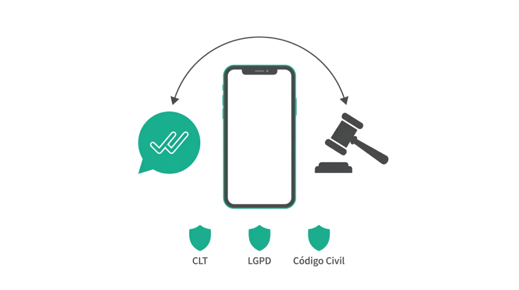 Ilustração representando a relação entre WhatsApp corporativo e legislação brasileira: CLT, LGPD e Código Civil.