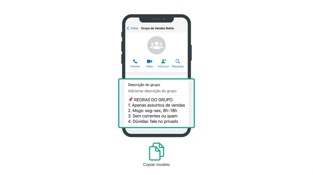 Tela de descrição de grupo de WhatsApp com exemplo de regras para grupo de whatsapp prontas para copiar em português.